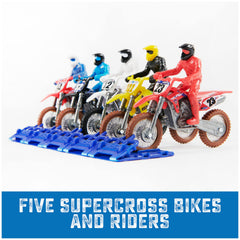 Supercross piloto adherido en posición de conducción mostrando estabilidad