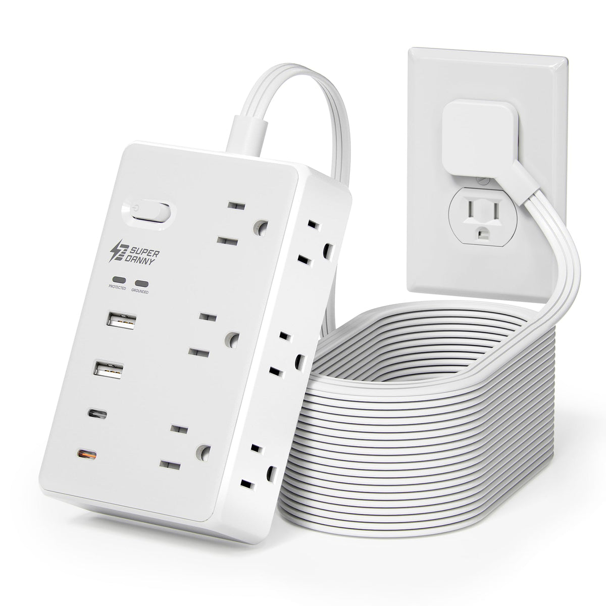 SUPERDANNY front view showing six outlets and USB ports for versatile charging