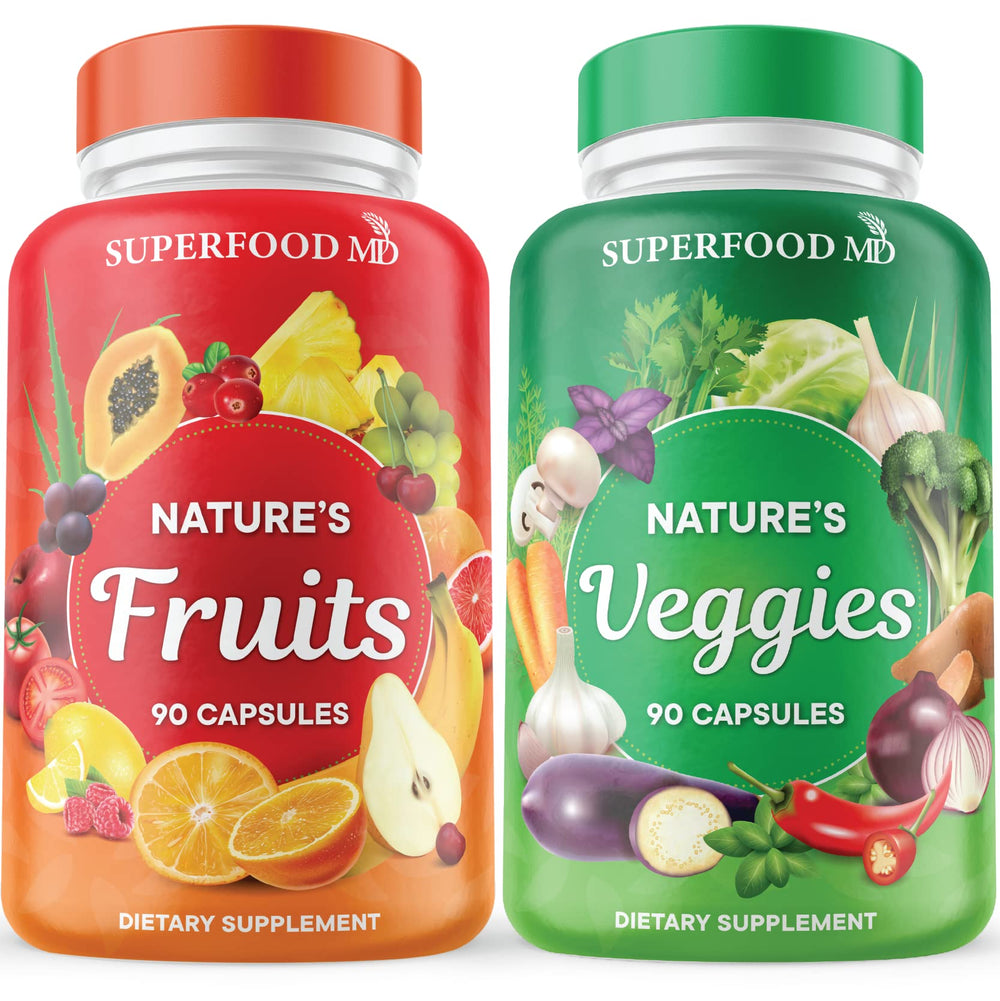 Superfood MD envase frontal que muestra mezcla de frutas y verduras y beneficio de conveniencia