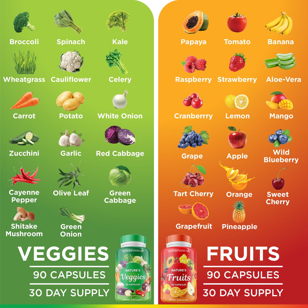 Superfood MD ingredientes frescos alineados que ilustran variedad y origen natural