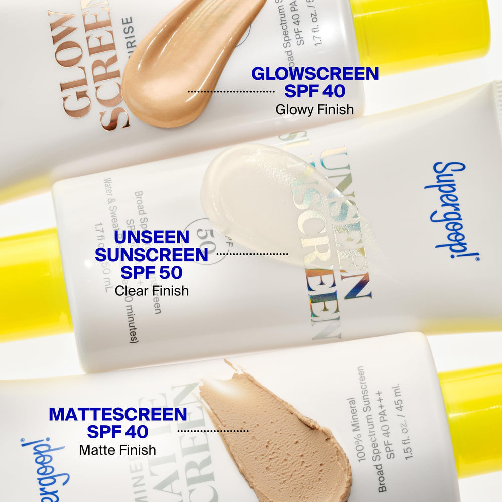 Supergoop! flatlay with Glowscreen and routine products for quick morning use