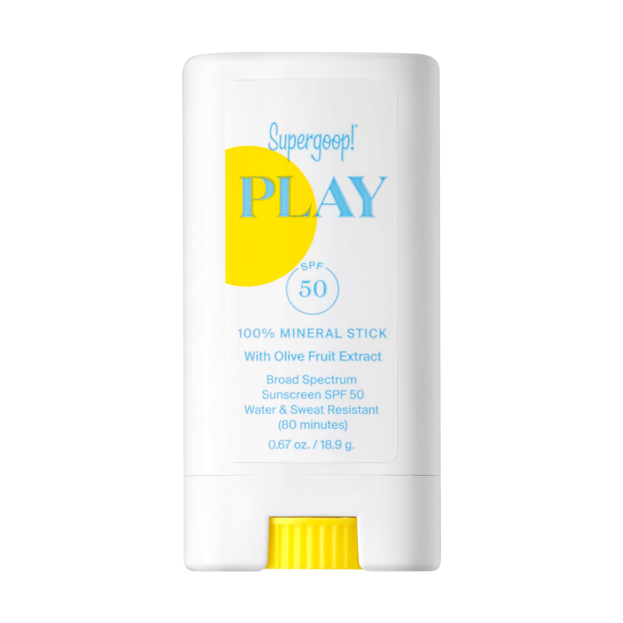 Supergoop! barra frontal mostrando el envase compacto y portátil con protección SPF 50