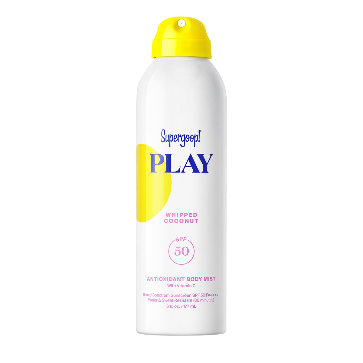 Supergoop! bottle front packaging showing SPF 50 and whipped coconut scent benefit