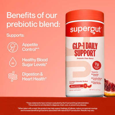 Supergut nutrition label and ingredient panel showing clean, sugar-free formulation
