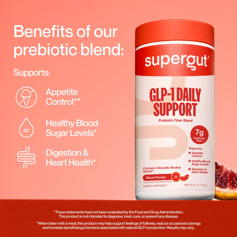 Supergut nutrition label and ingredient panel showing clean, sugar-free formulation