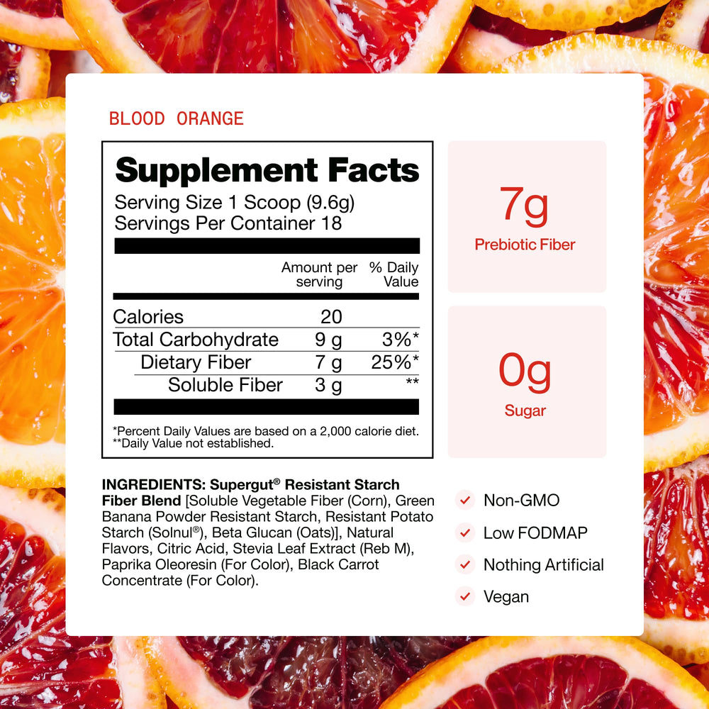 Supergut scoop beside container showing single-serving size and convenient dosing