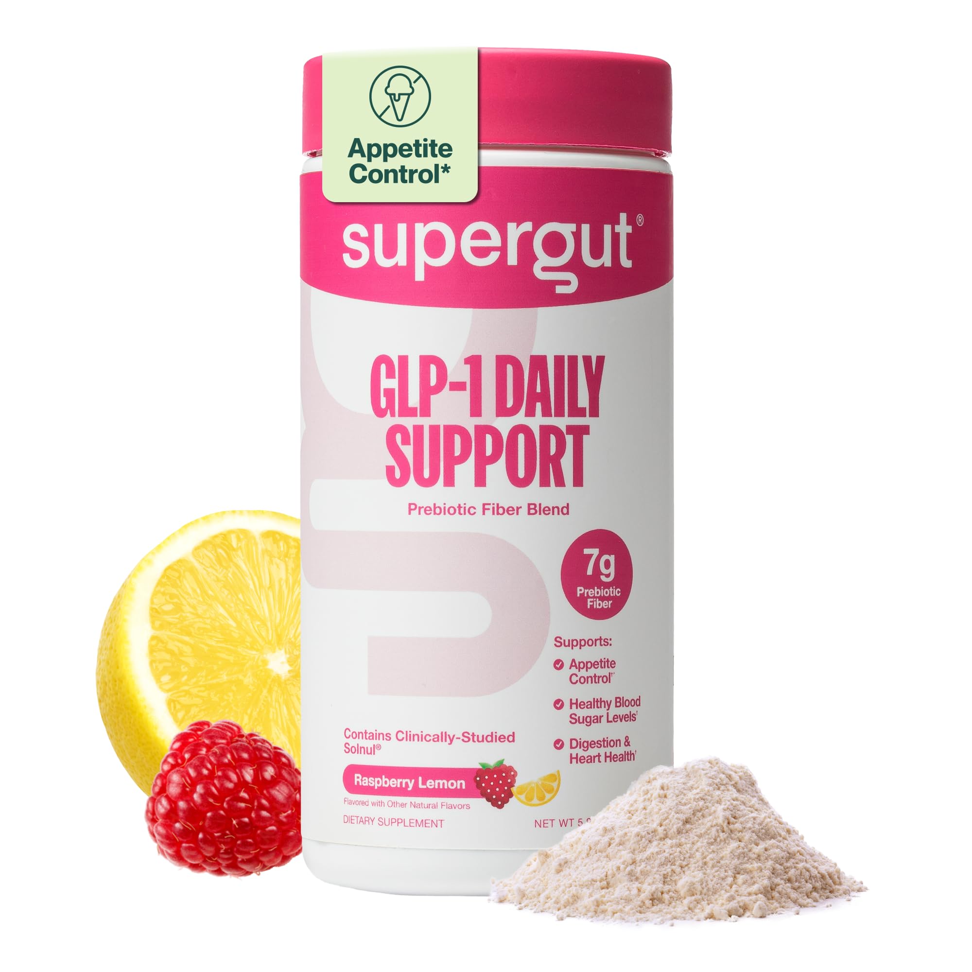 Supergut envase frontal Raspberry Lemon mostrando diseño y cantidad de servicios
