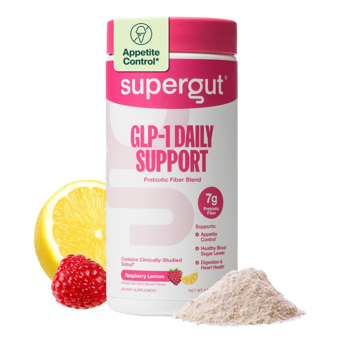 Supergut envase frontal Raspberry Lemon mostrando diseño y cantidad de servicios