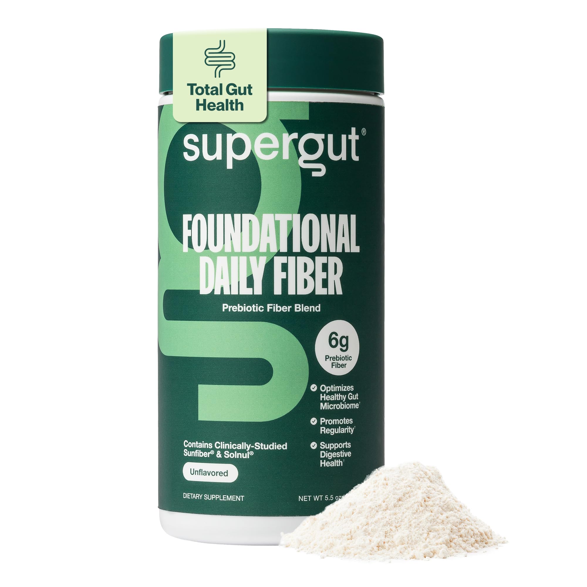 Supergut envase frontal que muestra el producto y beneficio de uso diario
