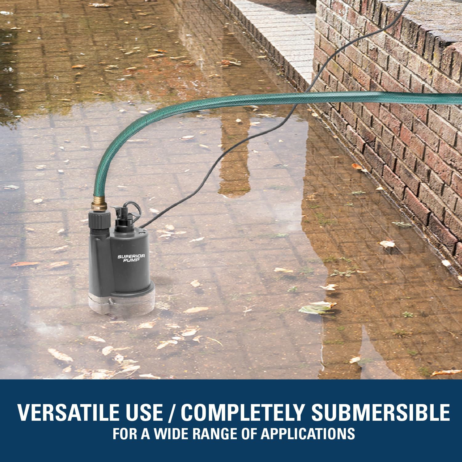 Superior Pump next to garden hose showing scale and included adapter convenience