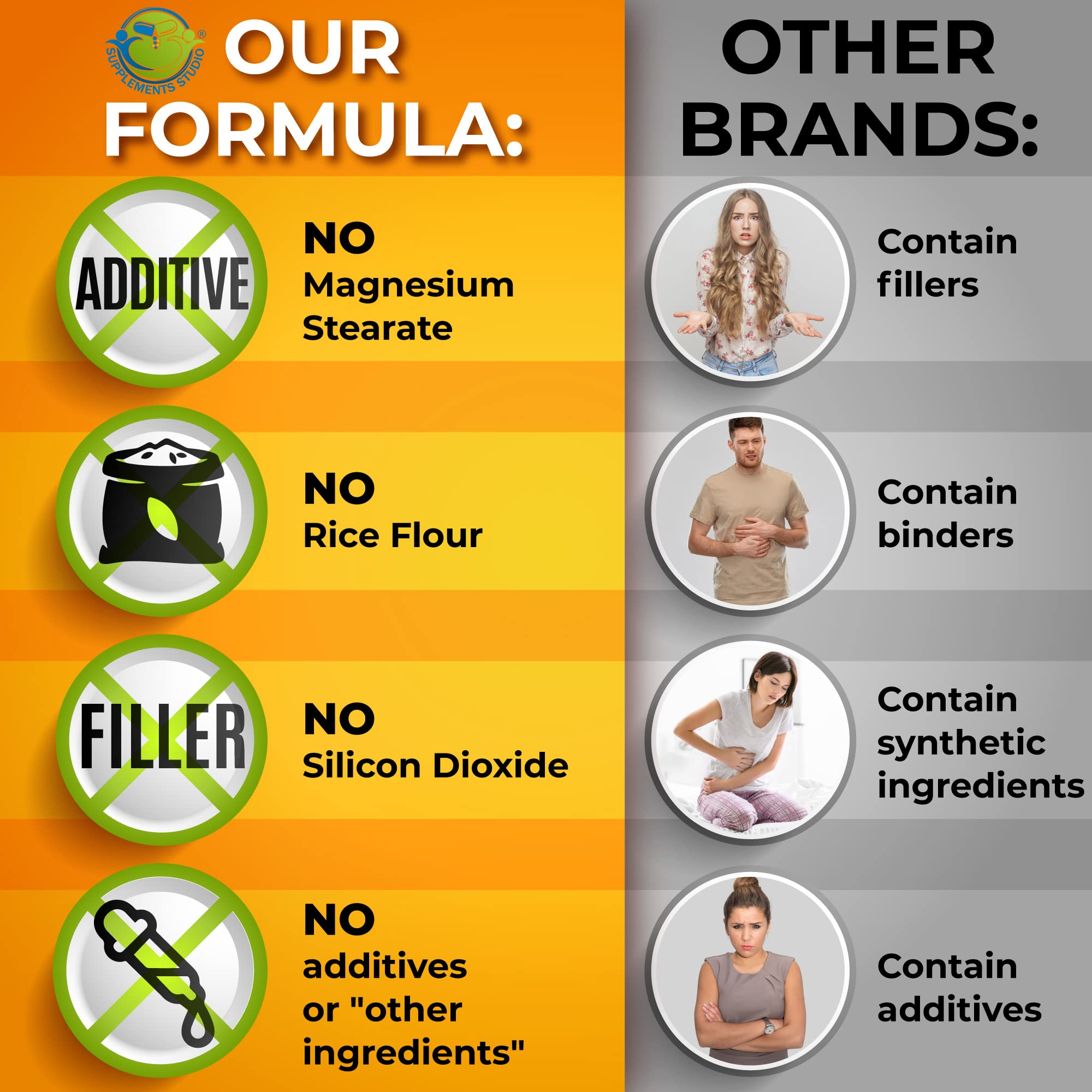 SUPPLEMENTS STUDIO etiqueta con ingredientes orgánicos y certificaciones visibles