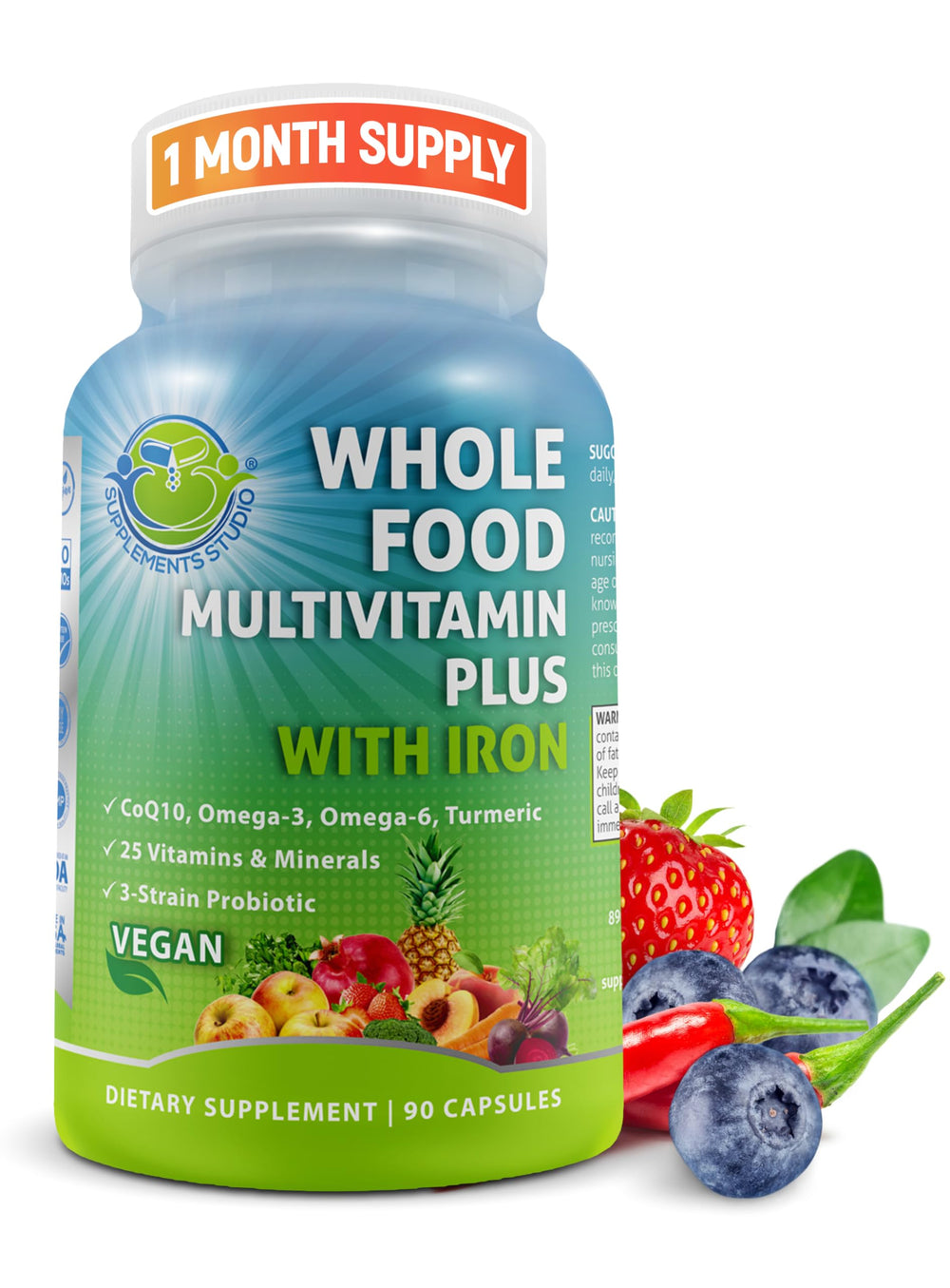 SUPPLEMENTS STUDIO frente del empaque mostrando fórmula vegana y beneficios principales