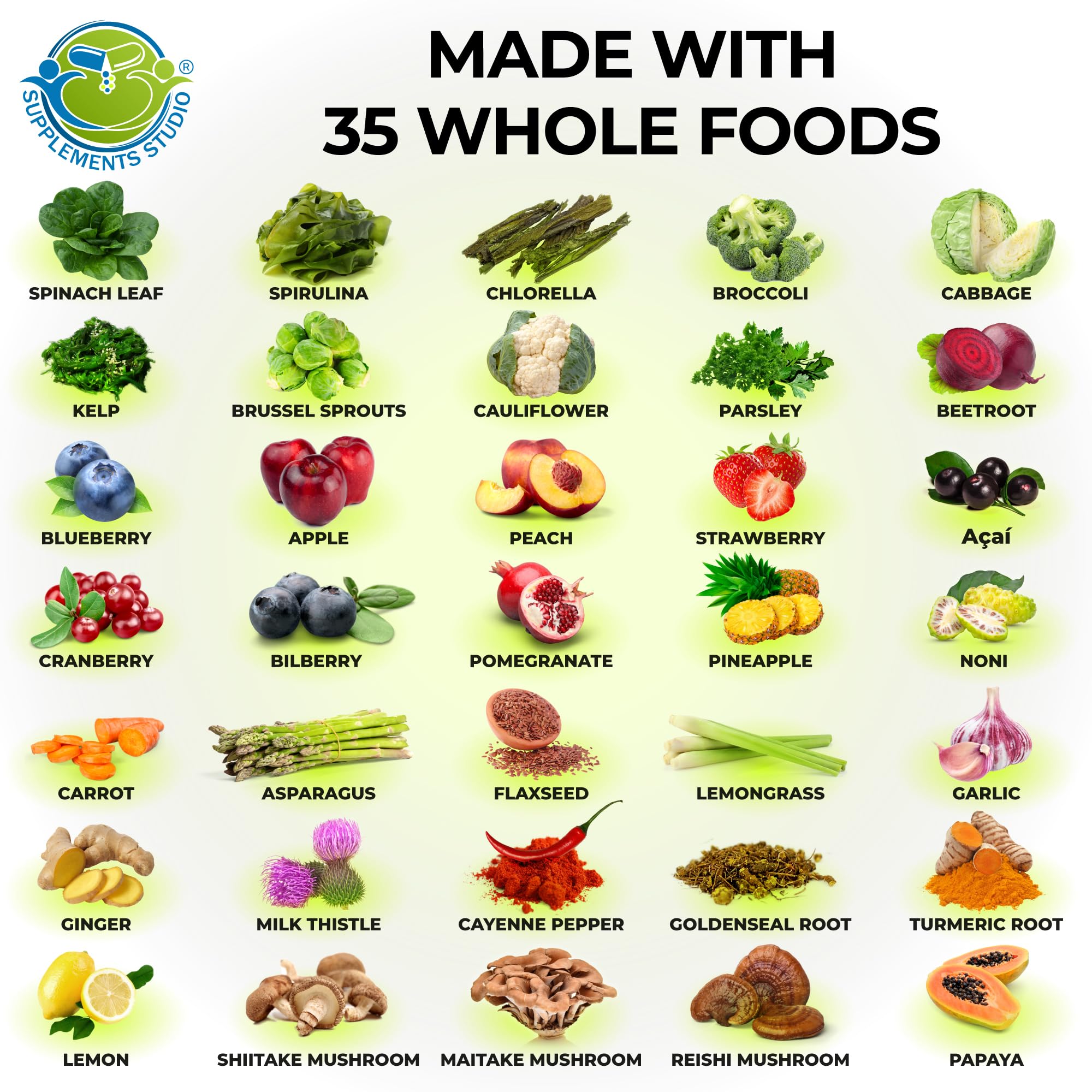 SUPPLEMENTS STUDIO ingredientes naturales con frutas y verduras que evidencian origen