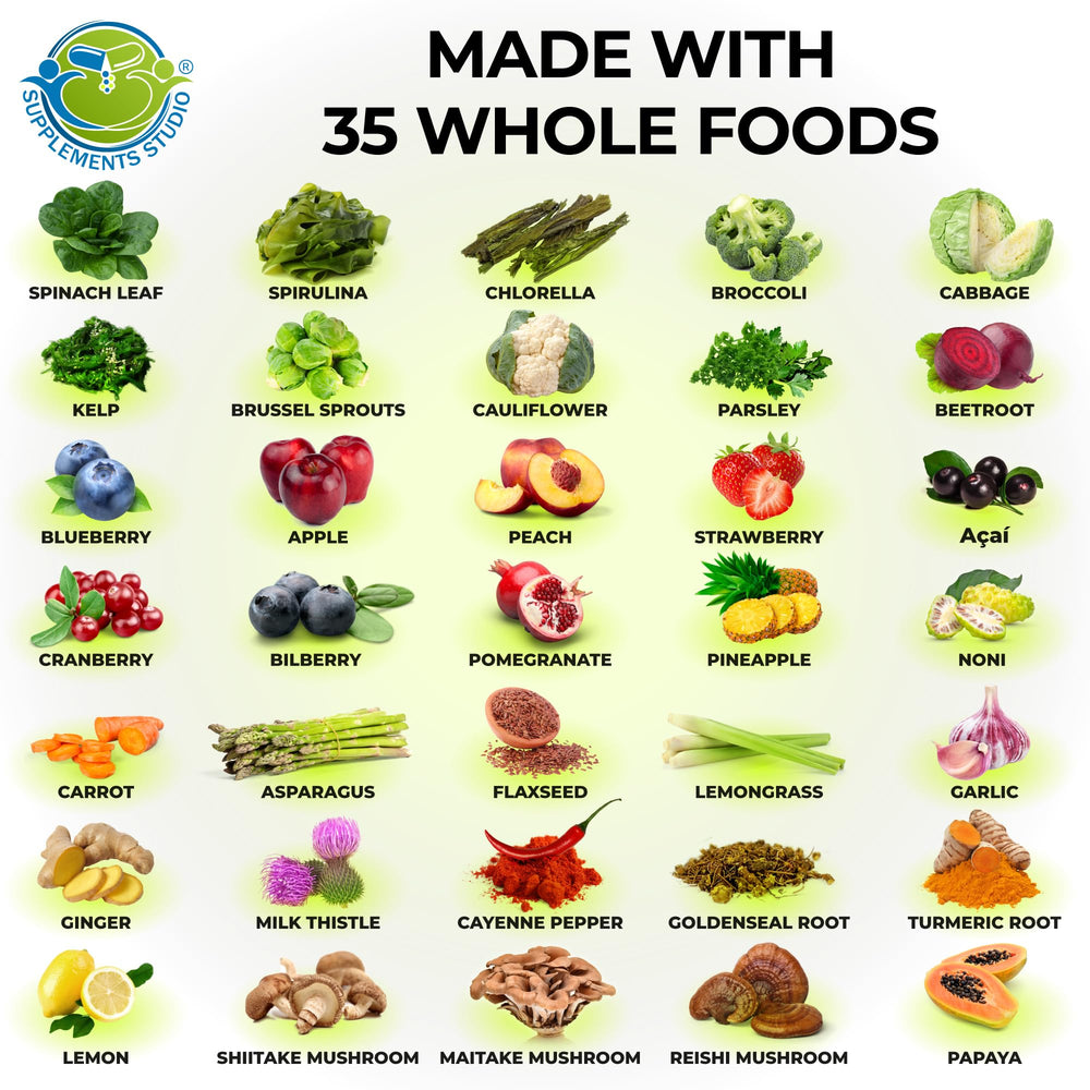 SUPPLEMENTS STUDIO ingredientes naturales con frutas y verduras que evidencian origen