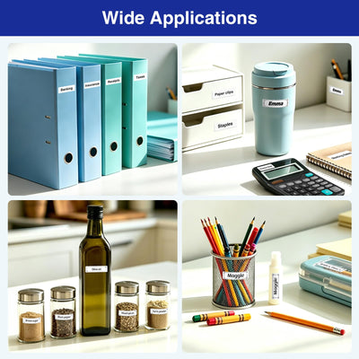 SUPVAN E12 in a home office scene illustrating tidy labeling benefits