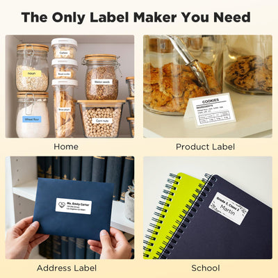SUPVAN T50M Pro on organized shelf labeling bins and jars for tidy storage