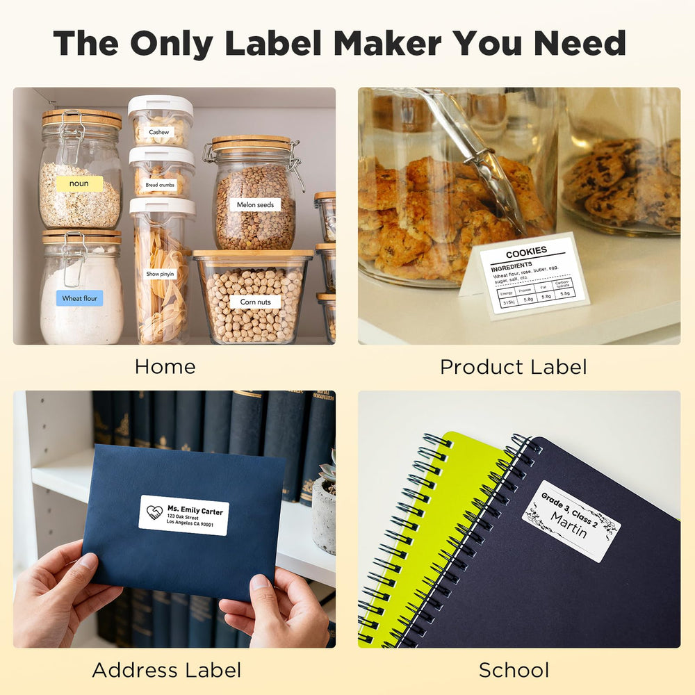 SUPVAN T50M Pro on organized shelf labeling bins and jars for tidy storage
