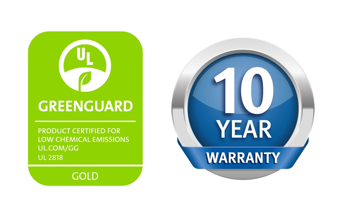 SureGuard etiqueta con certificación GREENGUARD Gold y garantía diez años