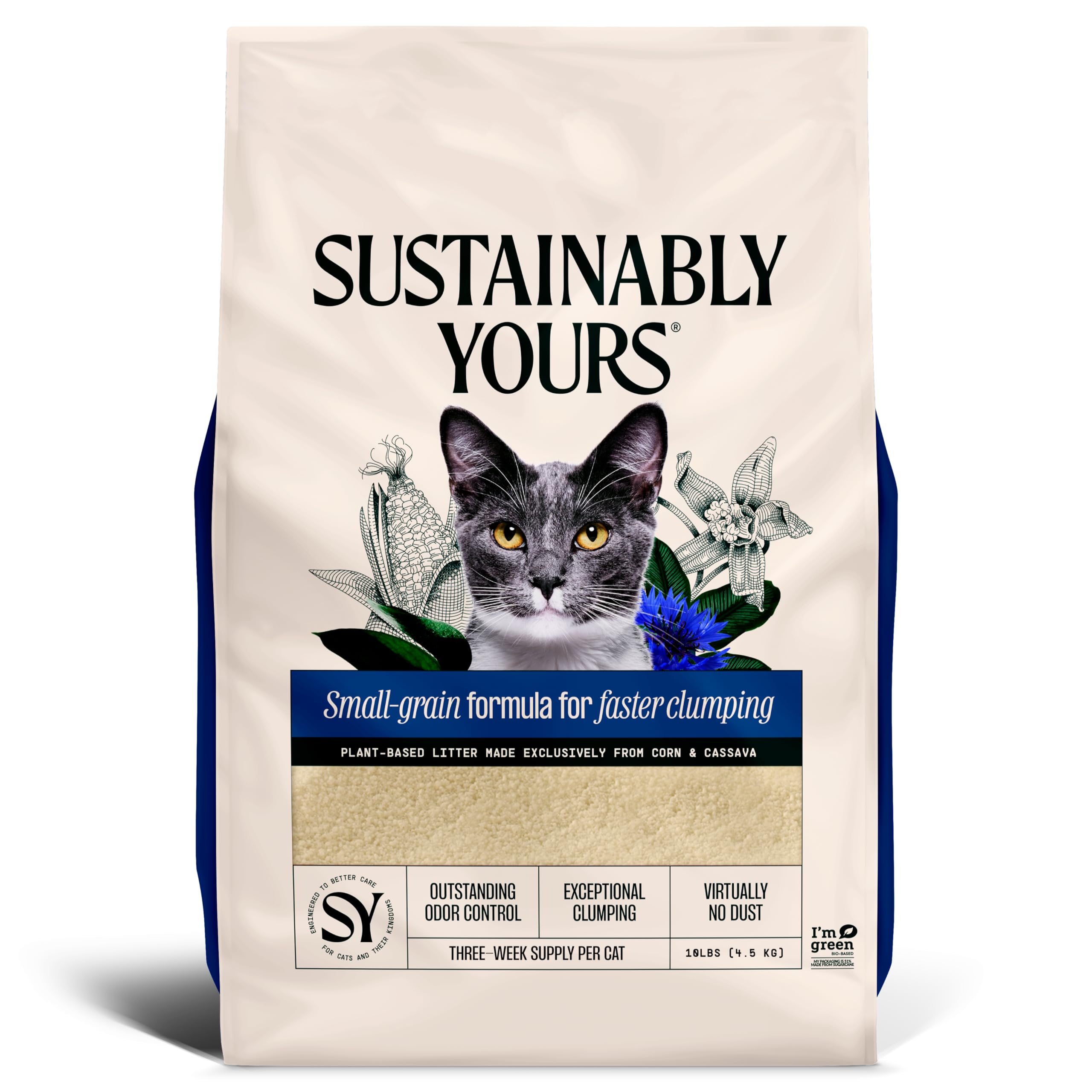 Sustainably Yours front packaging showing unscented 10 lb bag and benefits