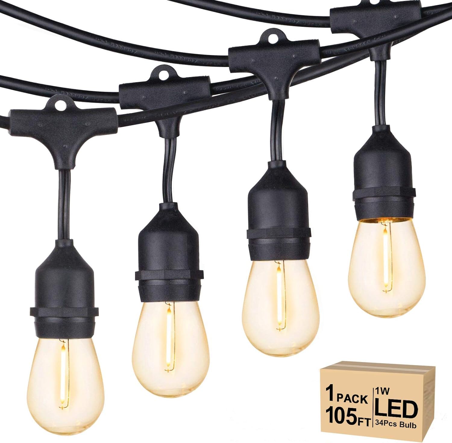 Svater front view of 105 FT string lights packaging showing full kit and benefits