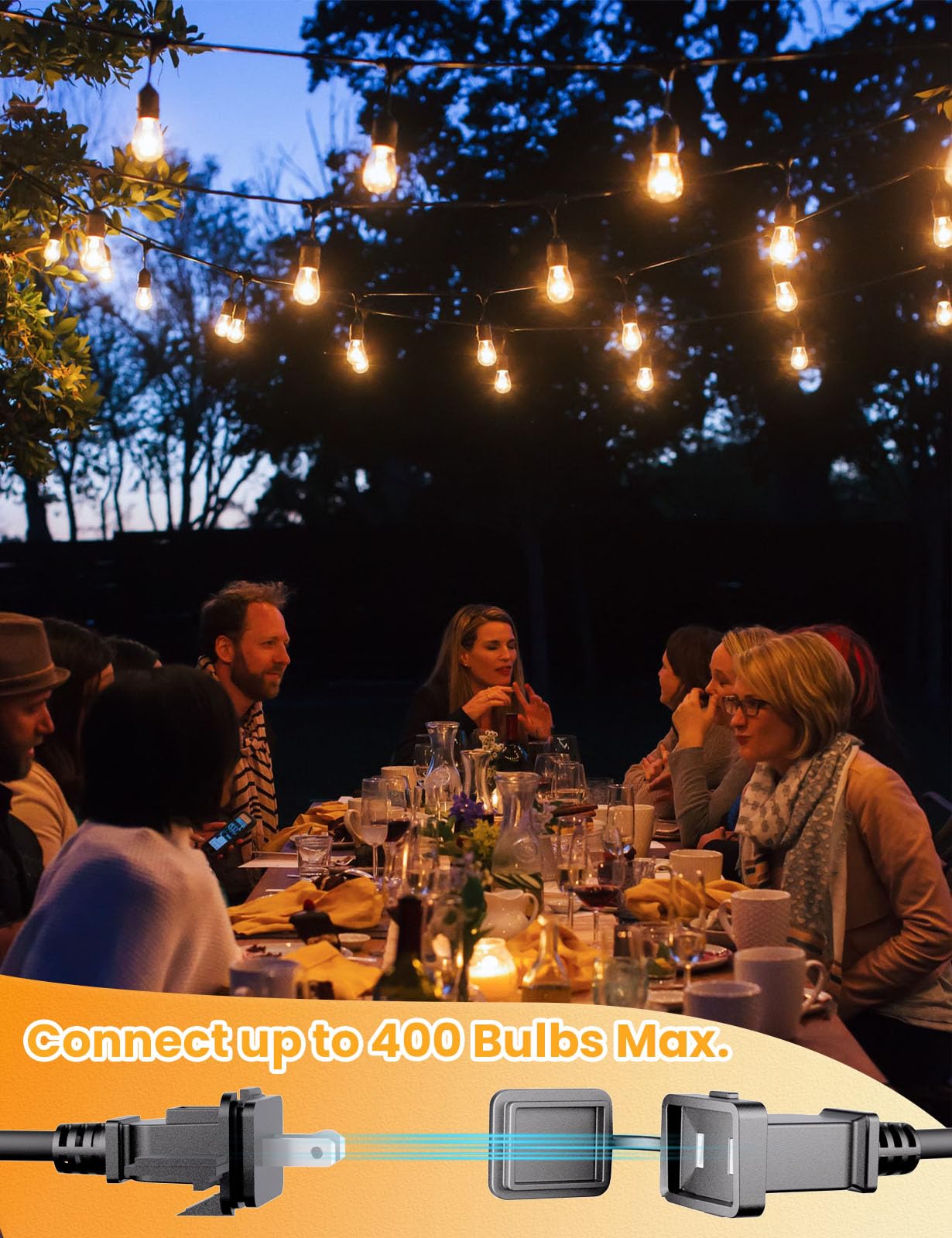 Svater lights mounted over a patio at dusk creating cozy ambiance