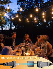 Svater lights mounted over a patio at dusk creating cozy ambiance