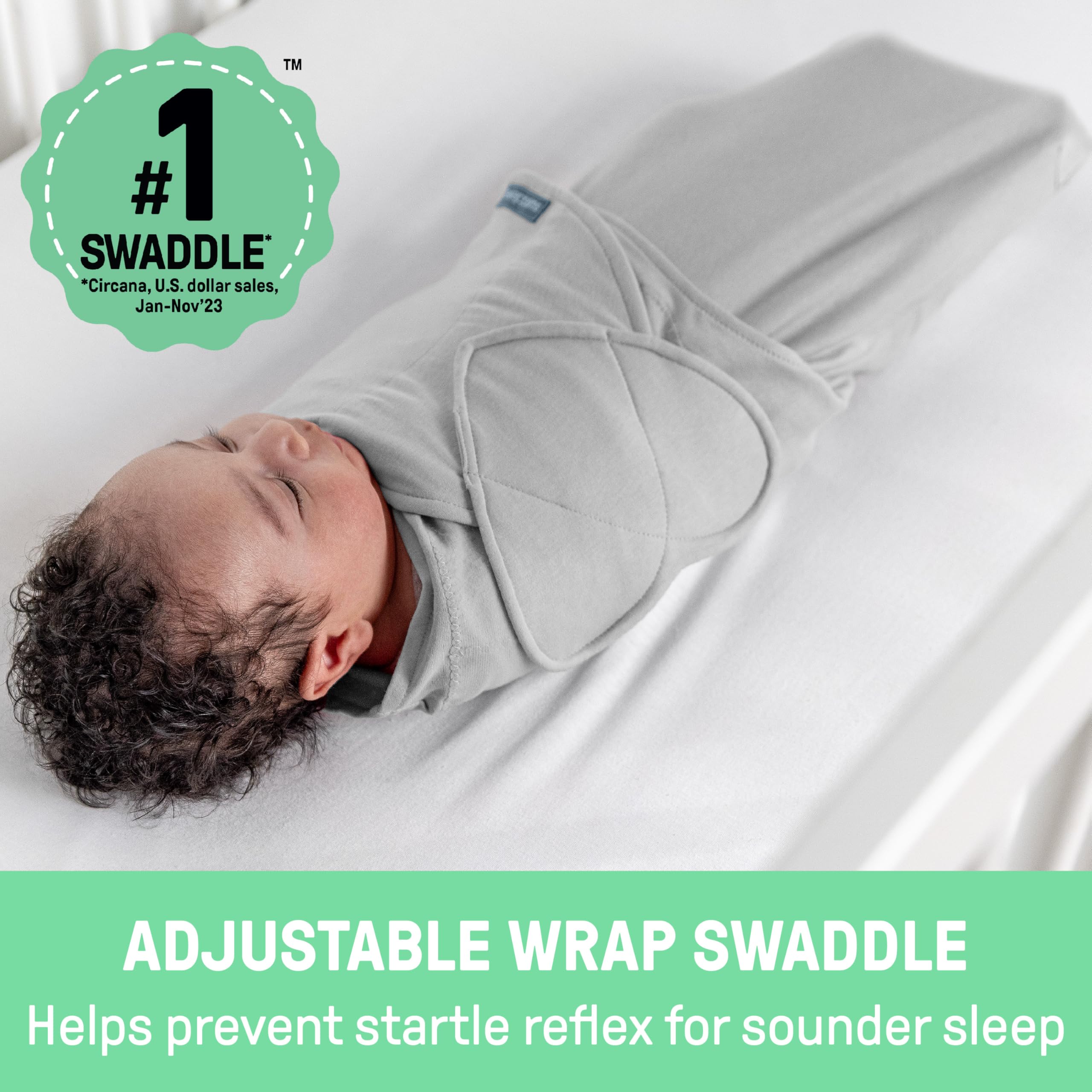 SwaddleMe vista trasera con etiqueta informativa y talla del producto