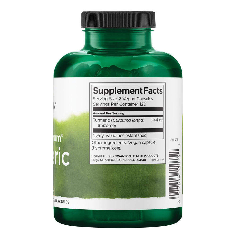 Swanson raíz de cúrcuma fresca junto al envase mostrando origen botánico