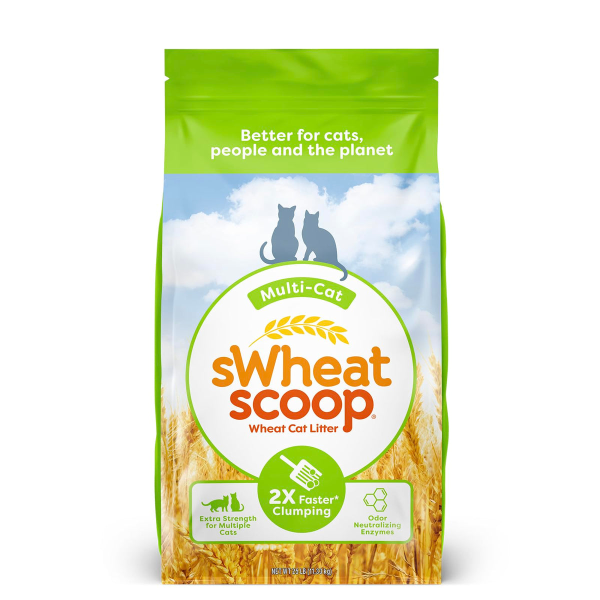sWheat Scoop paquete frontal mostrando marca y peso, solución sostenible