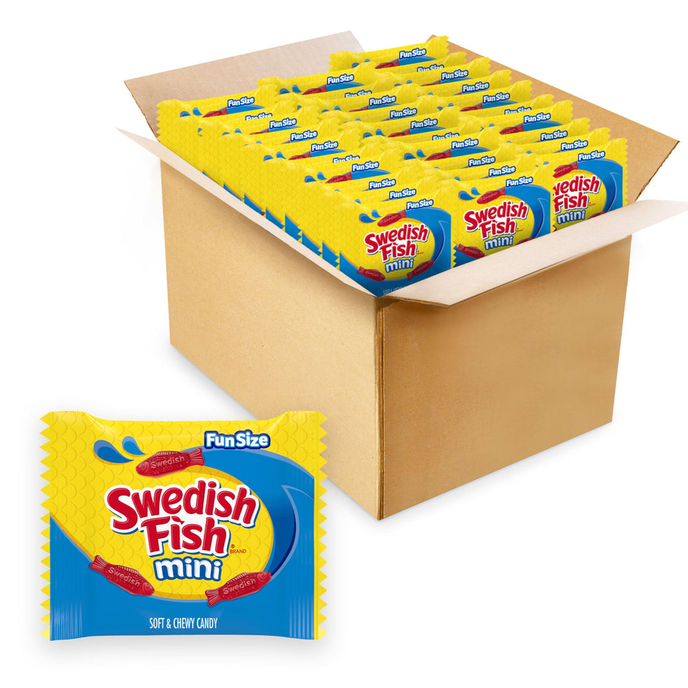 Swedish Fish paquete frontal mostrando 140 snack packs y diseño reconocible