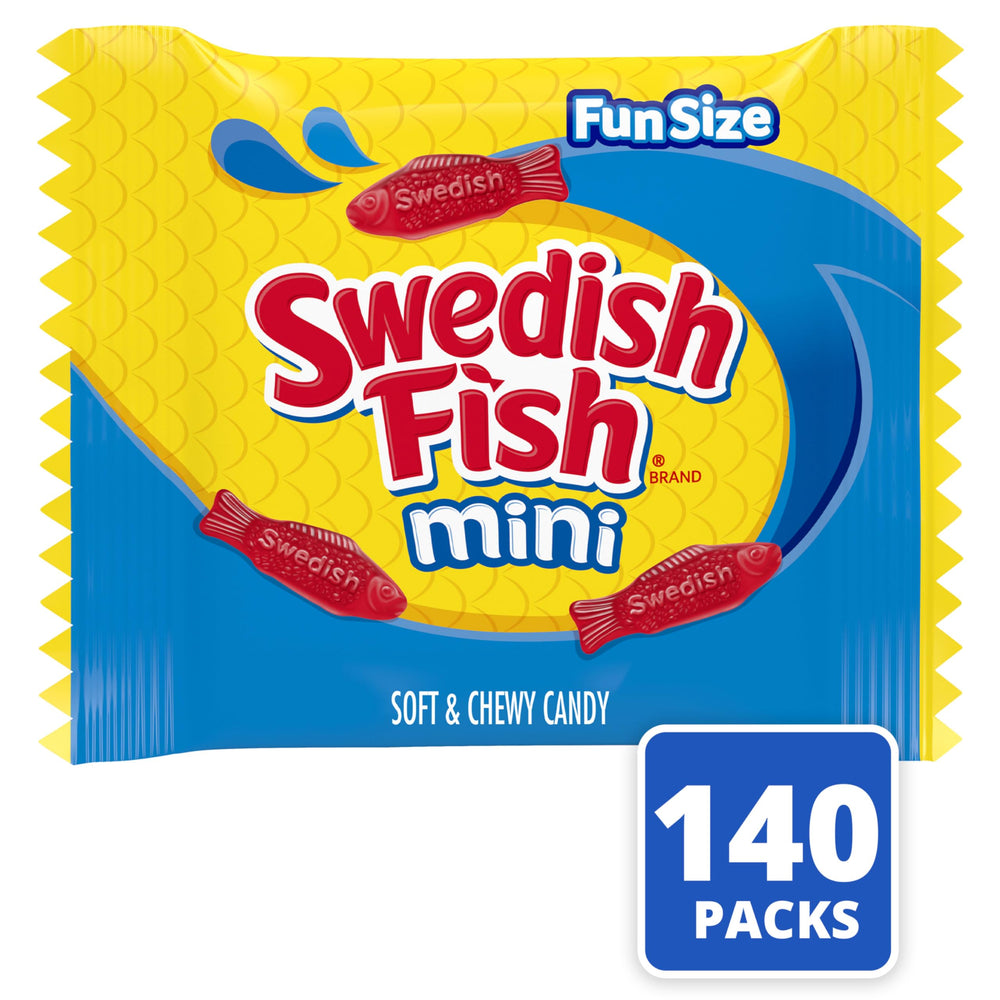 Swedish Fish porción abierta con gomitas listas para comer y porción sellada