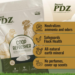 Aplicación de Sweet PDZ en cama de gallinero con aves, manteniendo la cama más seca