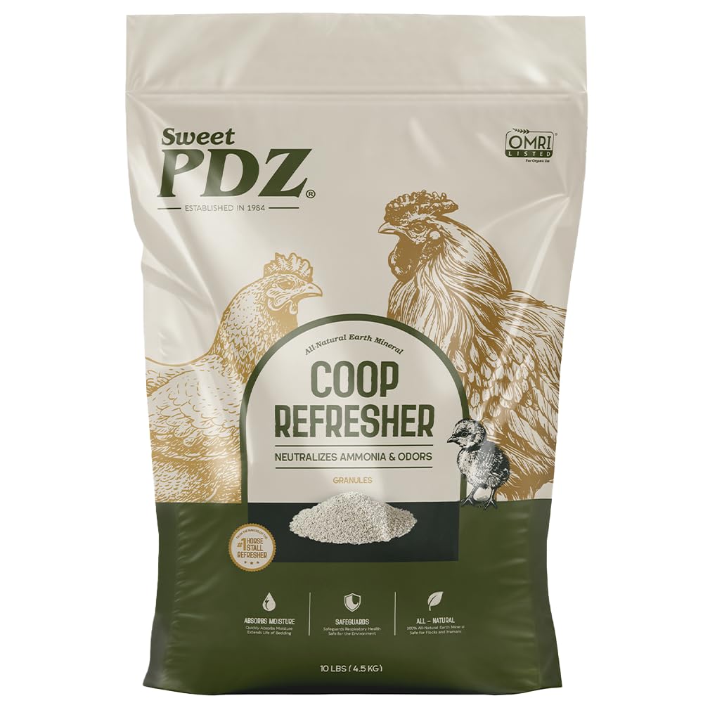 Sweet PDZ empaque frontal mostrando 10 lb y uso en gallineros para control de olor