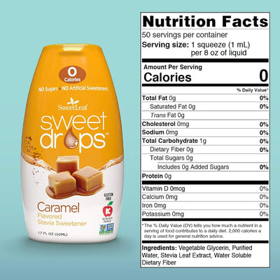 SweetLeaf caramel dropper closeup highlighting precise dosing and no-mess pour