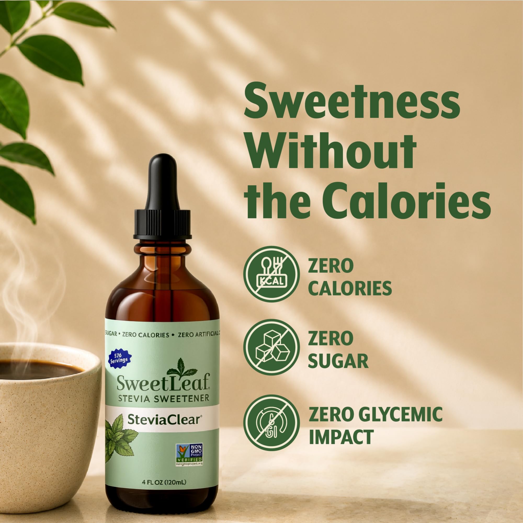 SweetLeaf vertido en café demostrando endulzado instantáneo sin calorías