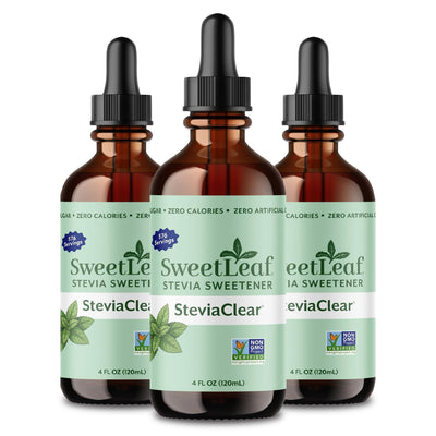 SweetLeaf vista frontal del pack de 3 mostrando envases compactos y conveniencia