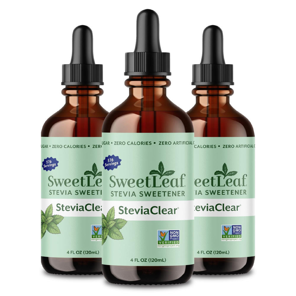SweetLeaf vista frontal del pack de 3 mostrando envases compactos y conveniencia