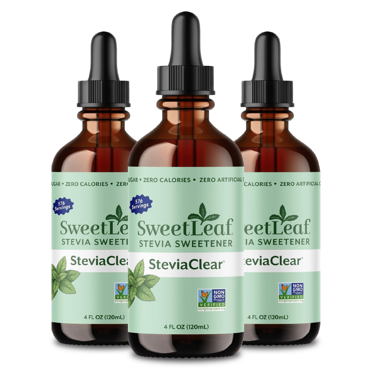 SweetLeaf vista frontal del pack de 3 mostrando envases compactos y conveniencia