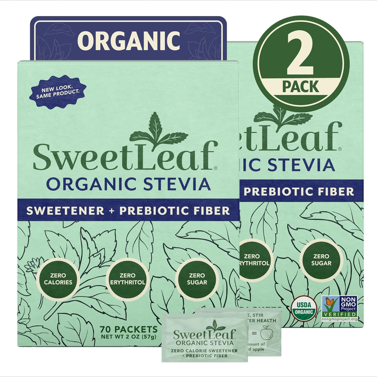 SweetLeaf front packaging showing 70 packets and organic label for clear choice