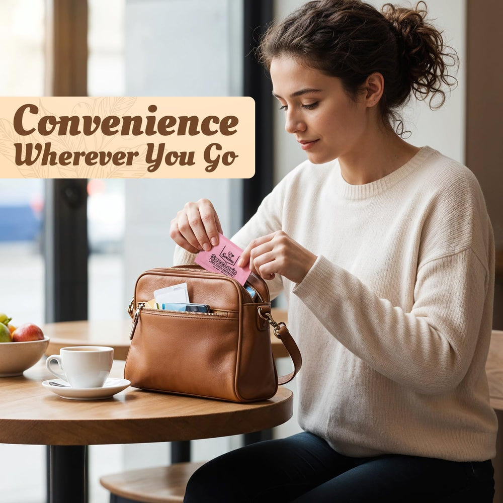 Sweetmo comparación de tamaño de sobres con una taza, práctico para llevar