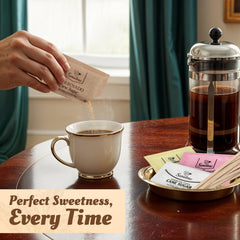 Sweetmo sobres abiertos mostrando porciones individuales, higiene y facilidad de uso