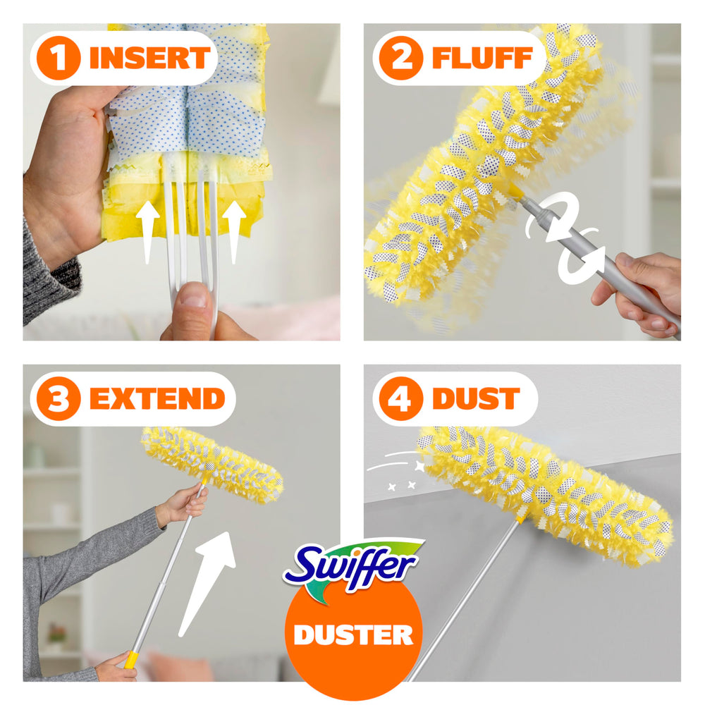 Swiffer comparado con plumero demostrando mayor retención de polvo