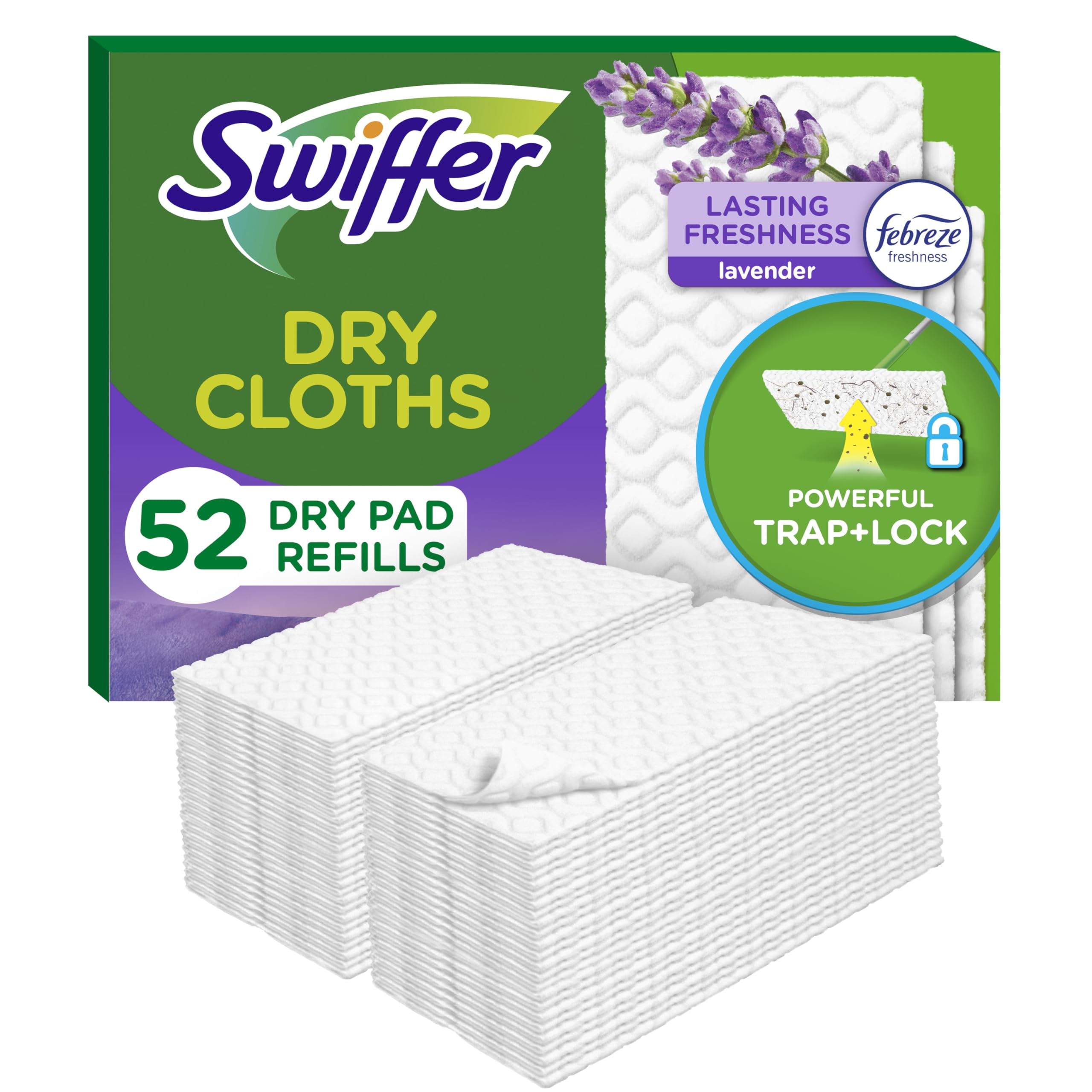 Swiffer frontal del paquete lavanda mostrando 52 unidades y frescor