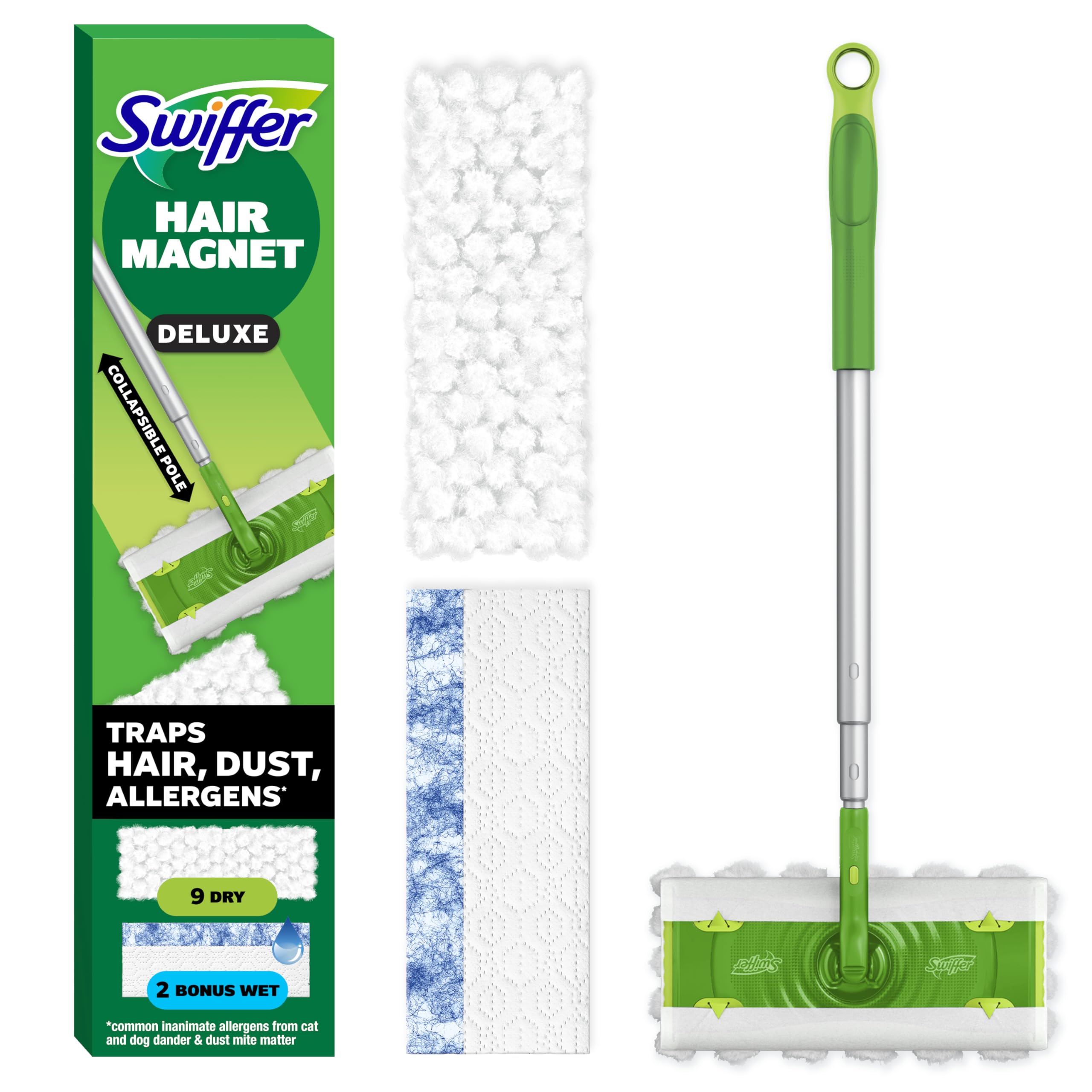 Swiffer mostrando el kit Deluxe frontal, limpieza eficiente