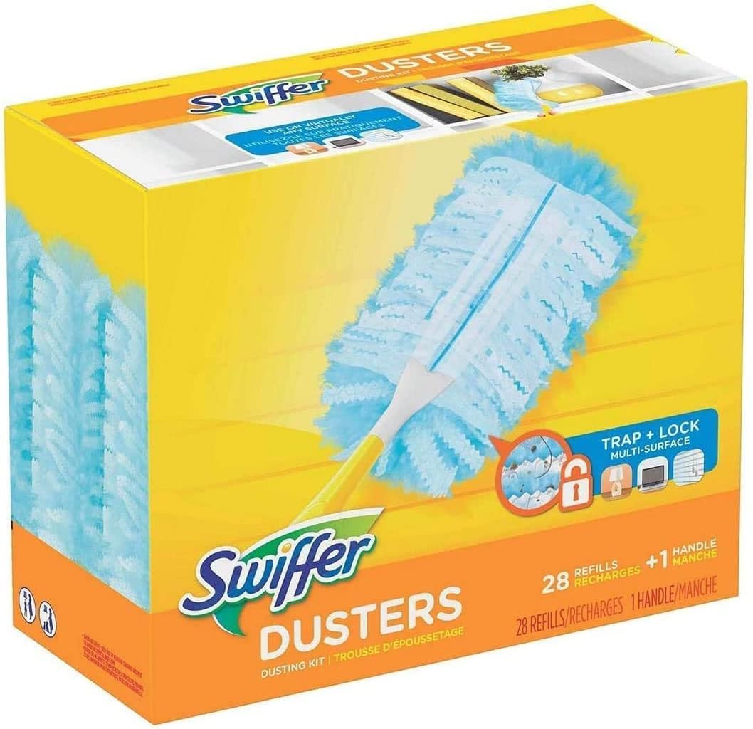 Swiffer vista frontal del mango con recambios mostrando limpieza rápida y sin rayas
