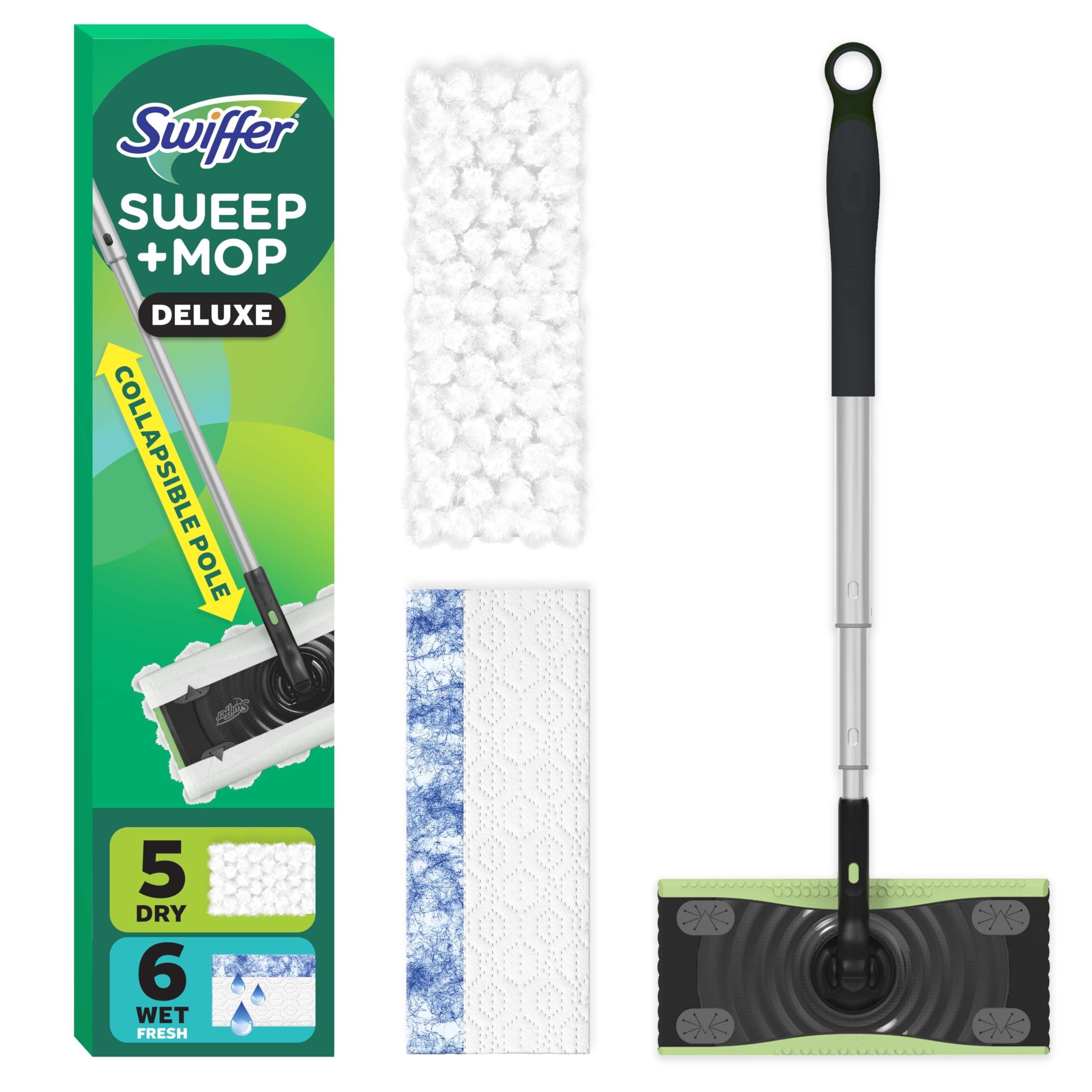 Swiffer dispositivo frontal mostrando diseño compacto y ahorro de espacio
