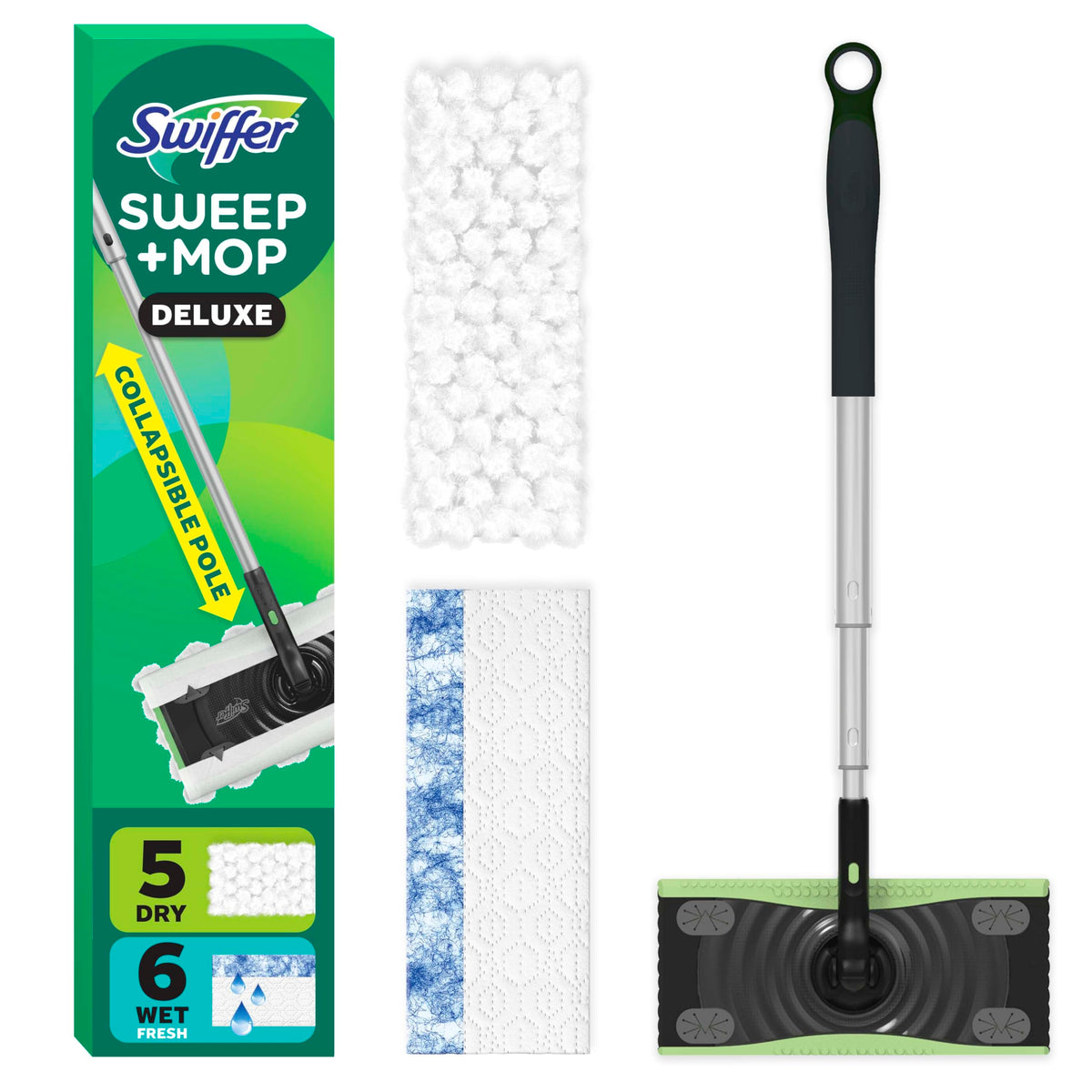 Swiffer dispositivo frontal mostrando diseño compacto y ahorro de espacio