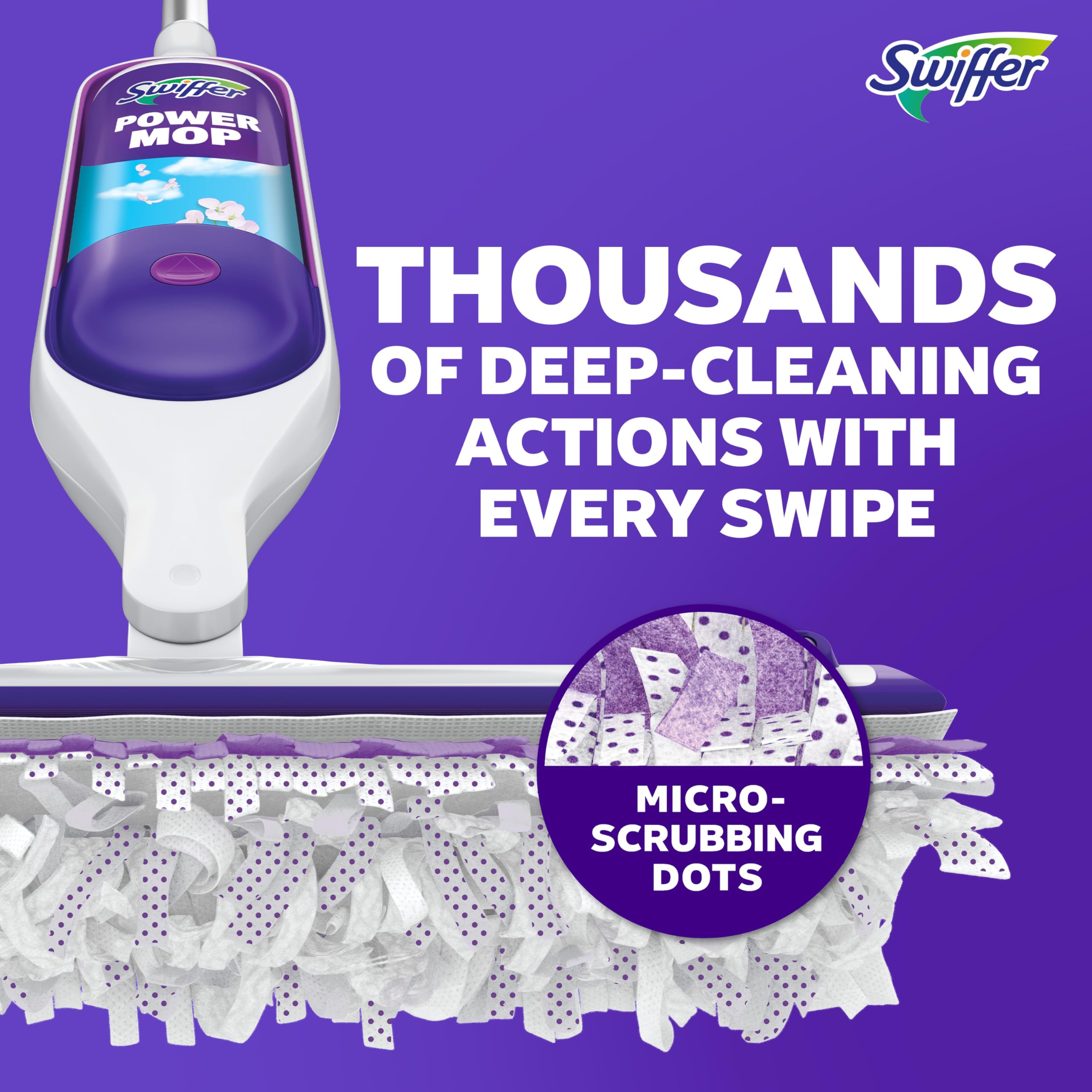 Swiffer PowerMop cabezal giratorio alcanzando debajo de un mueble para mejor acceso