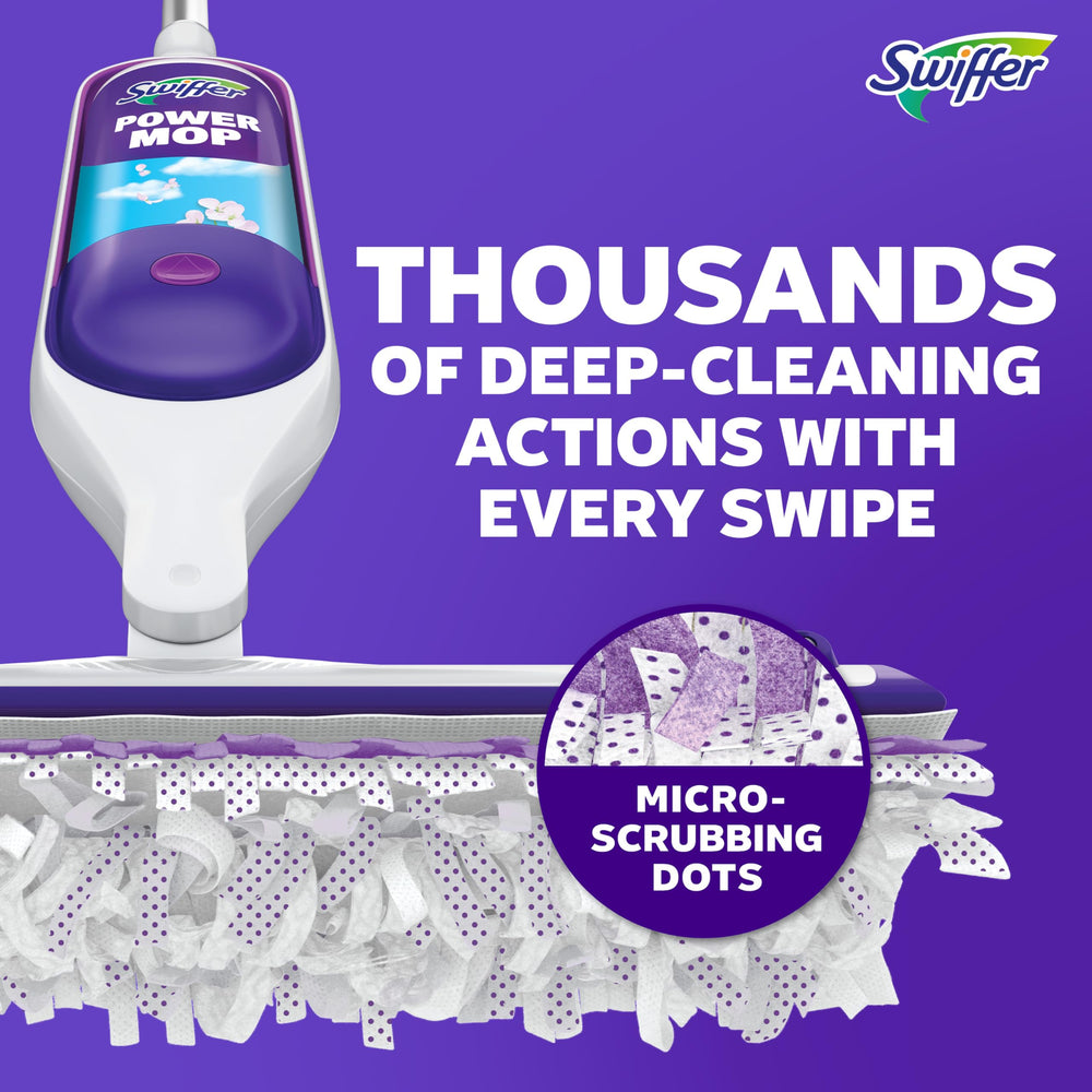 Swiffer PowerMop cabezal giratorio alcanzando debajo de un mueble para mejor acceso
