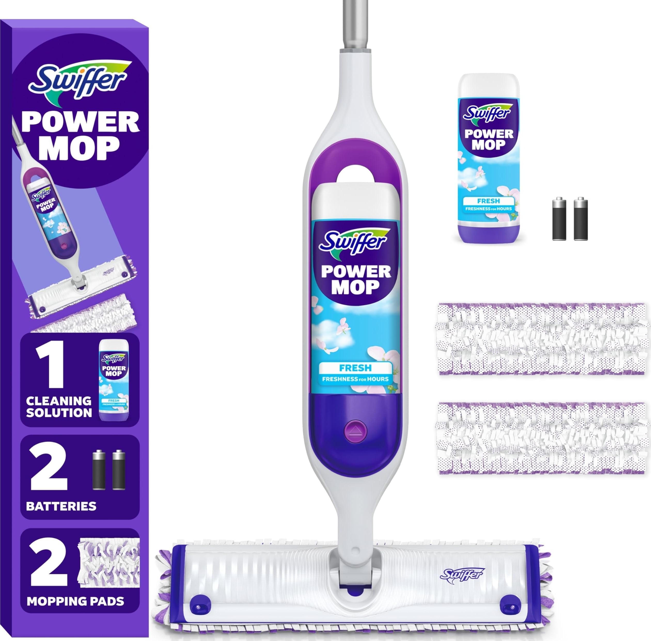 Swiffer PowerMop vista frontal mostrando diseño y beneficio ahorro de tiempo